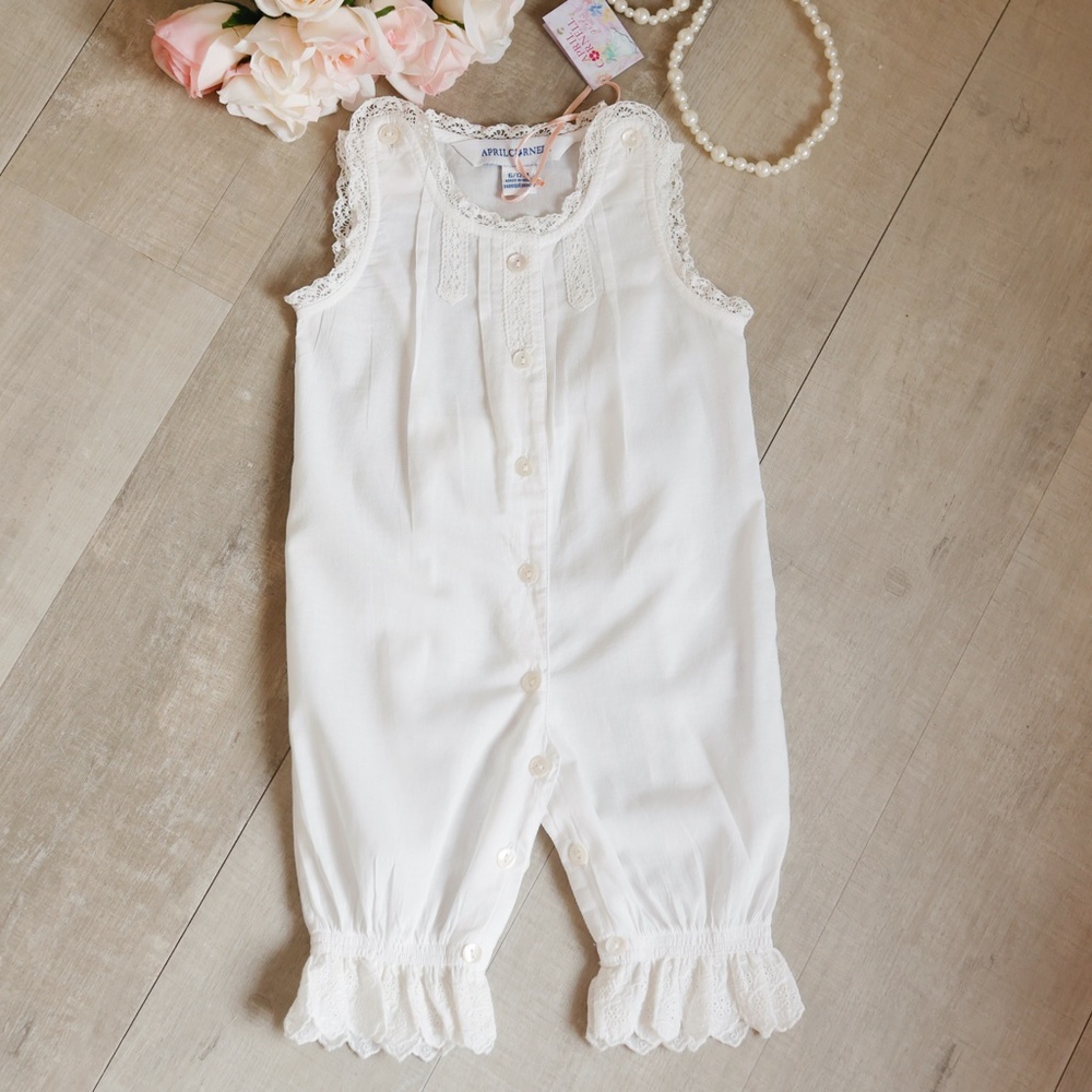 White 100% Cotton Vintage Style Pantaloon Romper Boutique Size 6/12 Months NWT